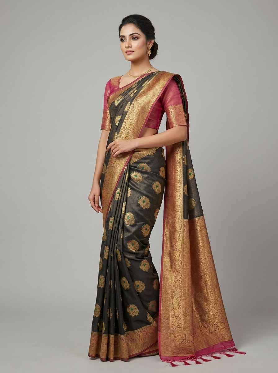 Charcoal Magenta Pattu Silk Saree