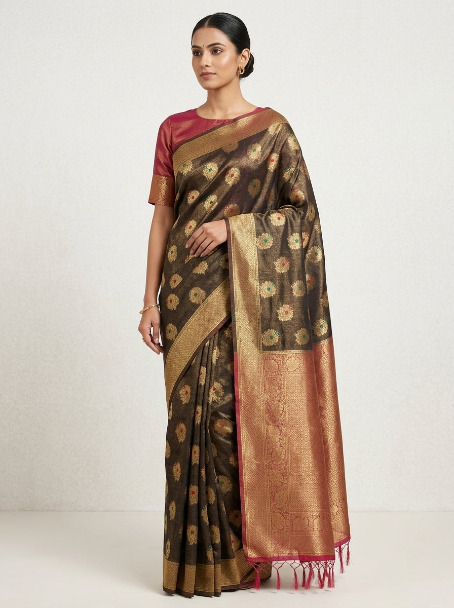 Charcoal Magenta Pattu Silk Saree