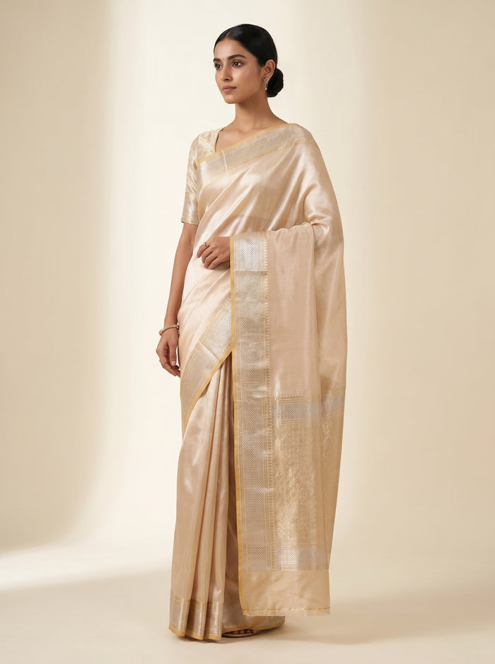 Pearl Champagne Muse pure Pattu silk saree