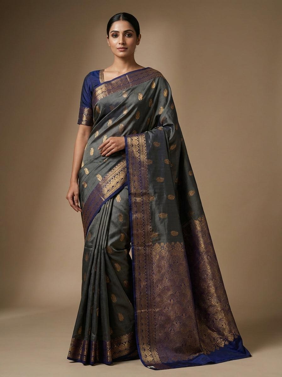 Charcoal Grey Pattu Silk Saree
