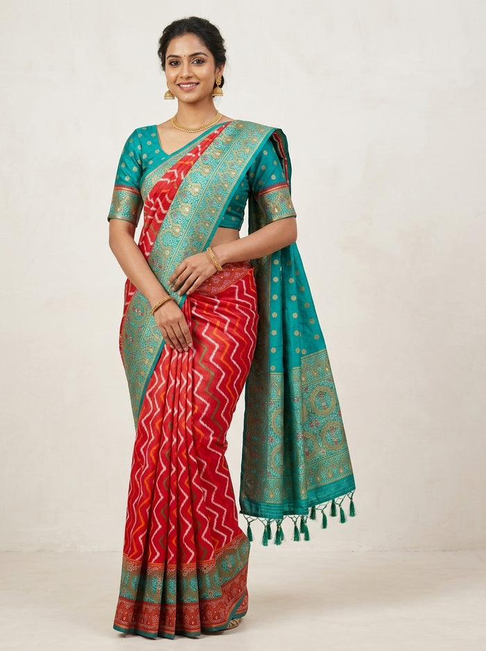 Teal Red Pattu Silk Saree