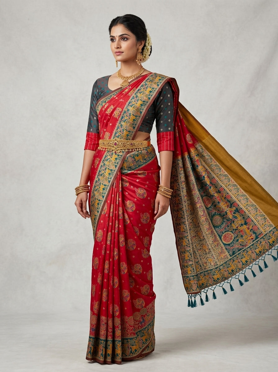 Brick Red Pattu Silk Saree