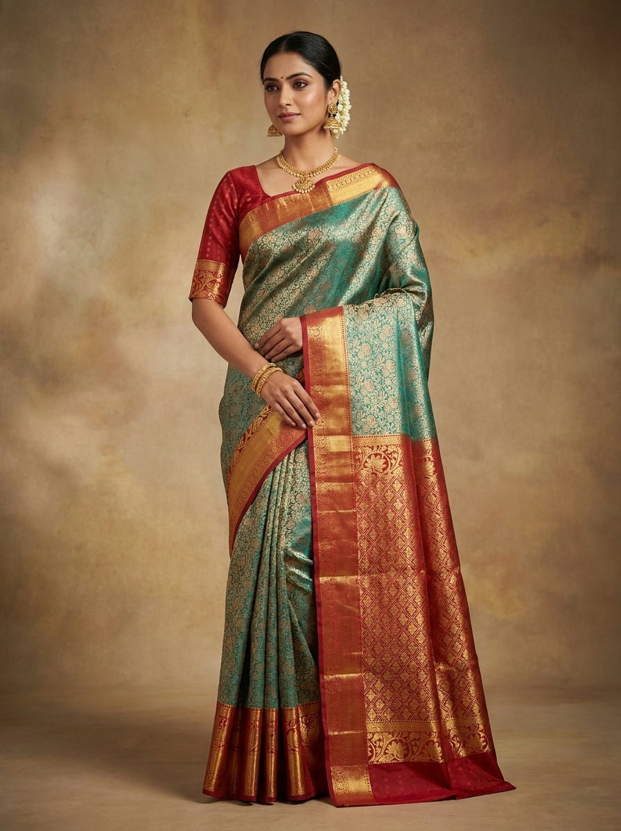 Emerald Crimson Pattu Silk Saree