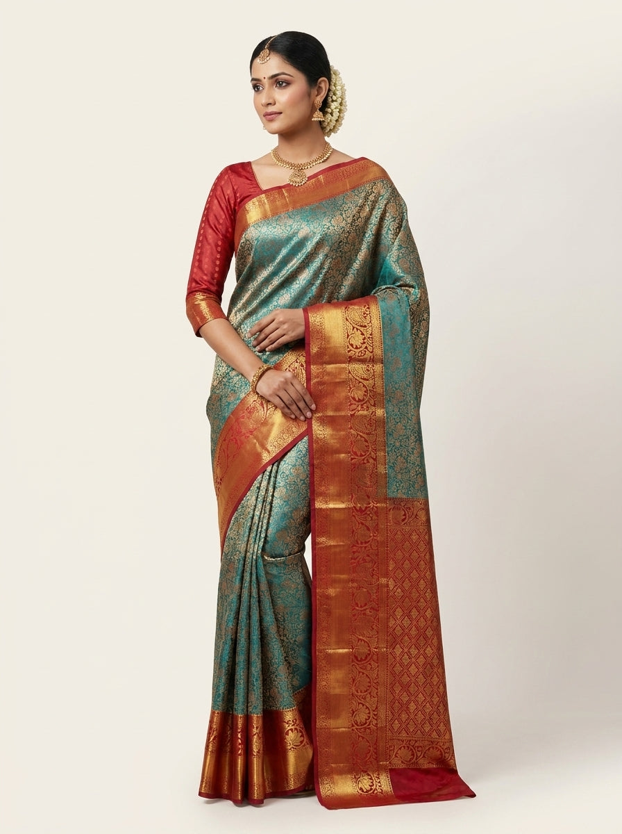 Emerald Crimson Pattu Silk Saree