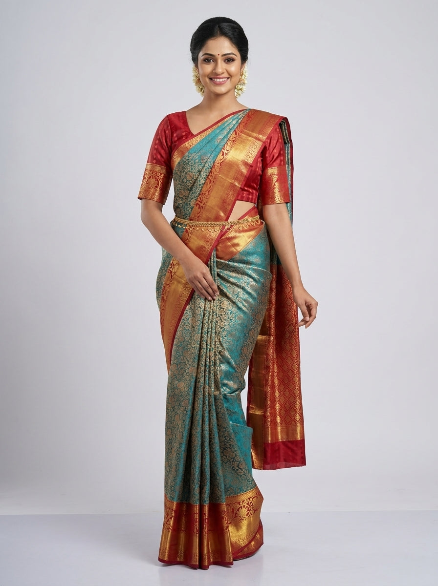 Emerald Crimson Pattu Silk Saree