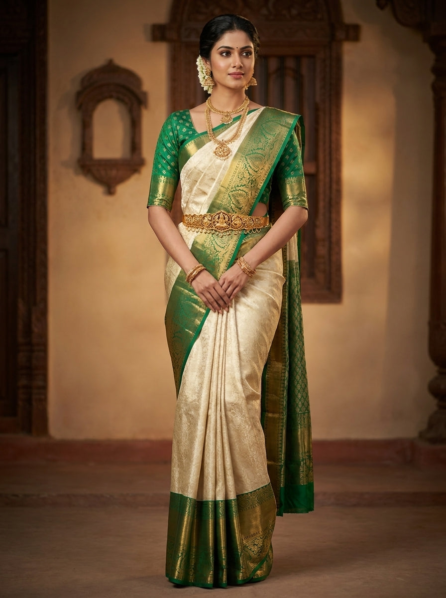 Ivory Jade Pattu Silk Saree