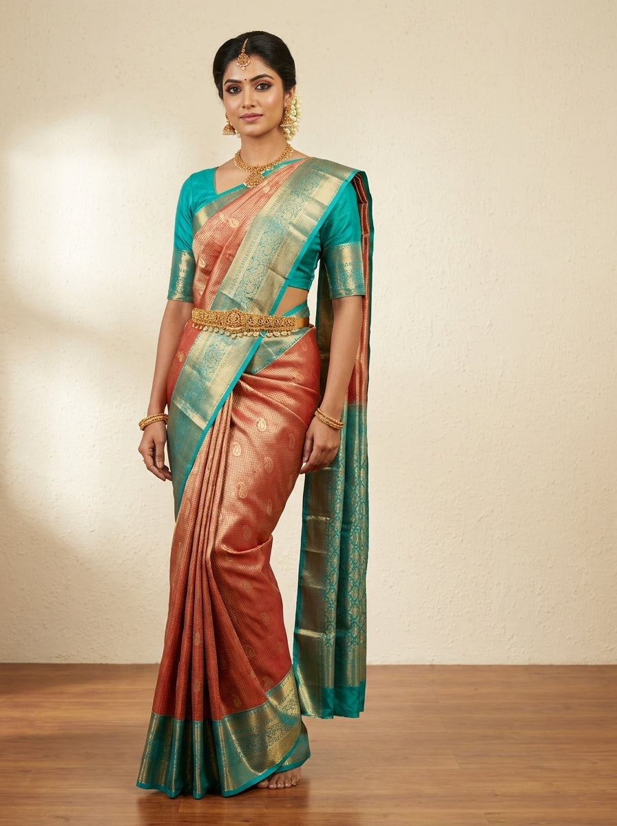 Rust Teal Pattu Silk Saree