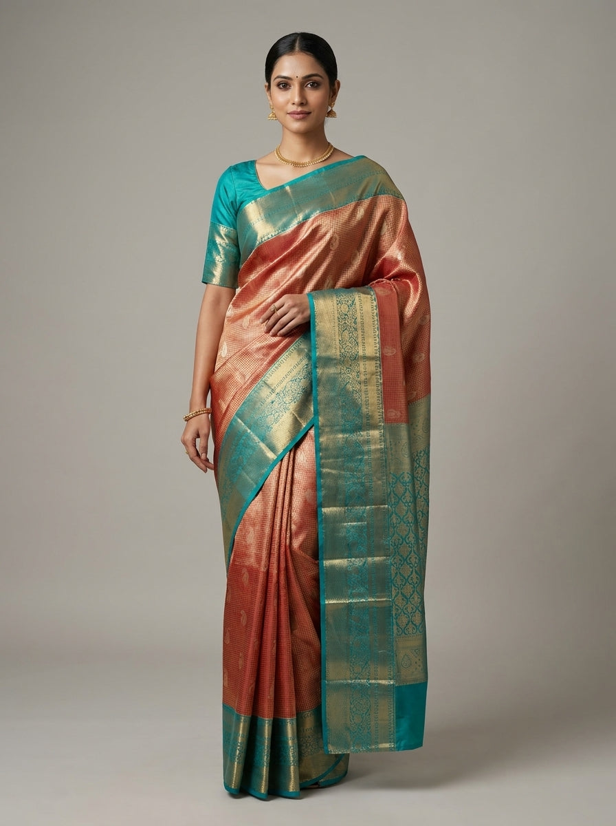 Rust Teal Pattu Silk Saree