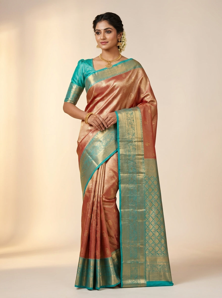 Rust Teal Pattu Silk Saree
