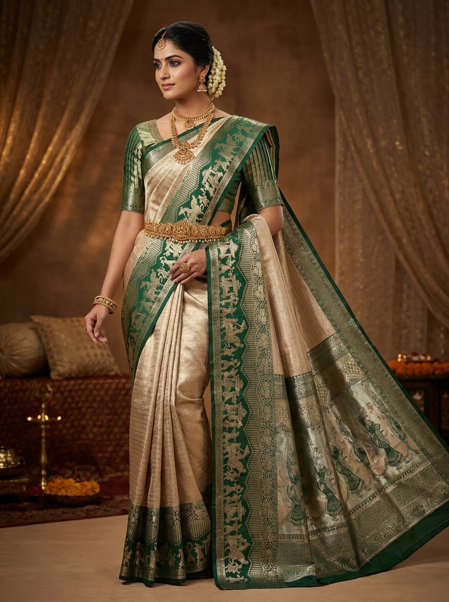 Ivory Forest Pattu Silk Saree
