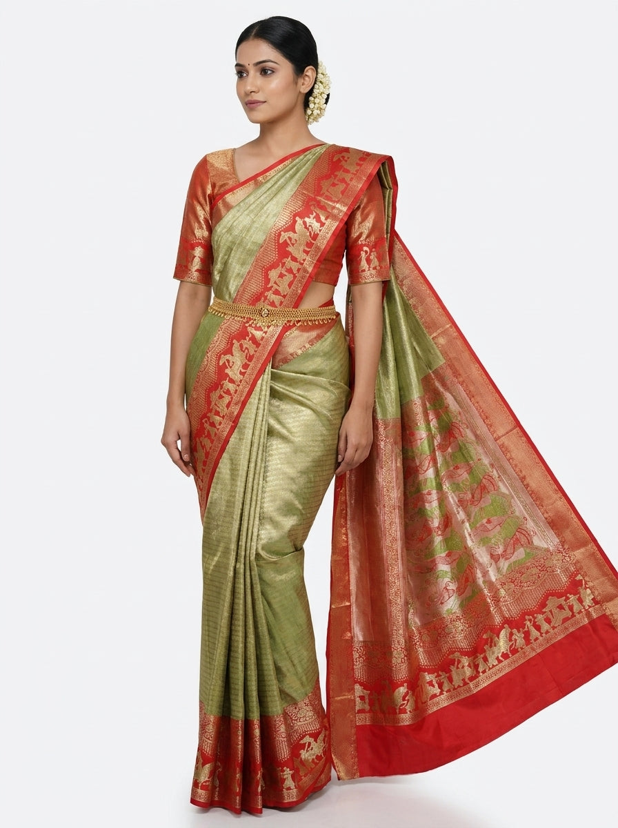 Sage Coral Pattu Silk Saree