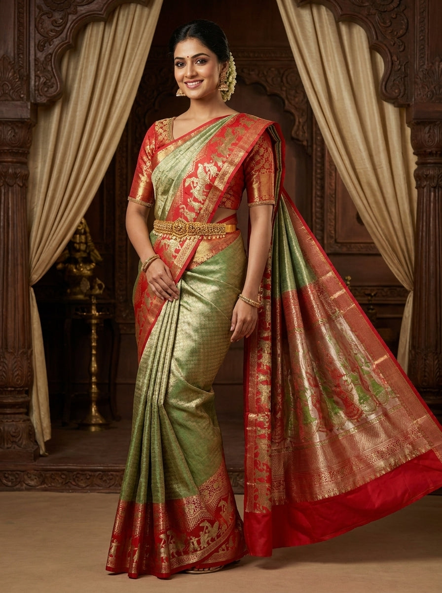 Sage Coral Pattu Silk Saree