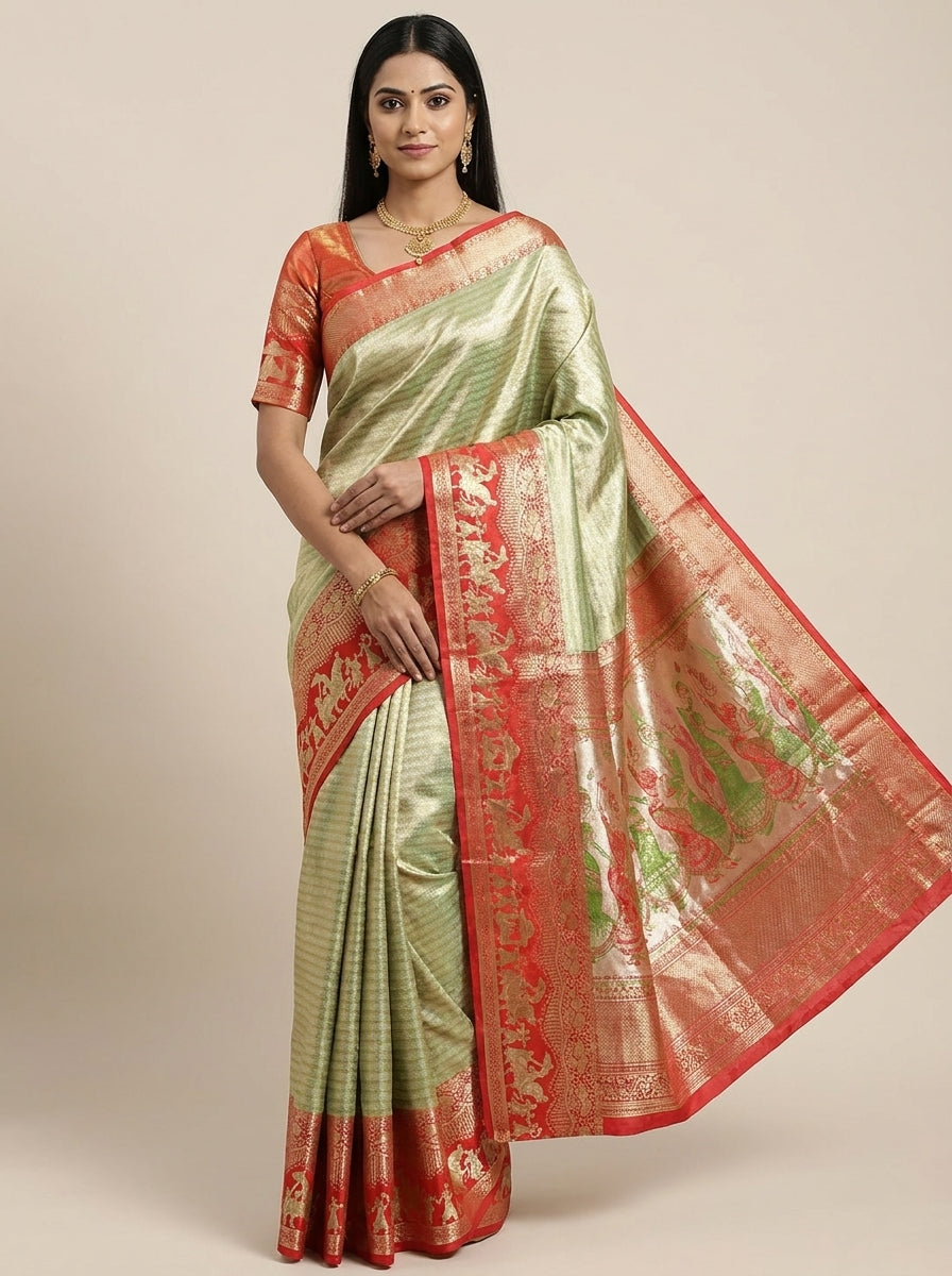 Sage Coral Pattu Silk Saree