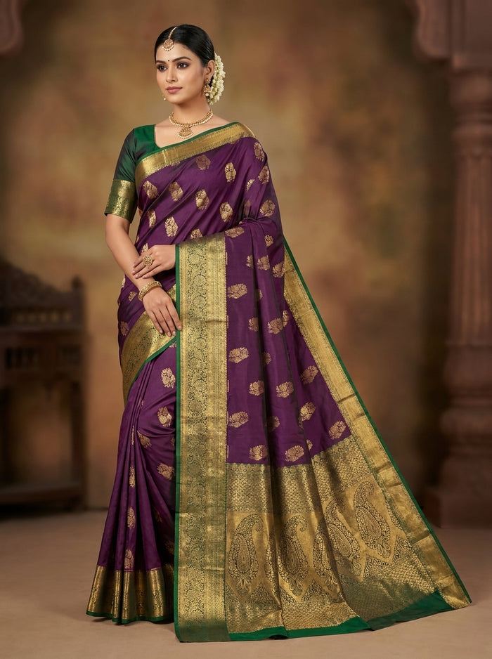 Purple Forest Pattu Silk Saree — pallu detail, gold zari border