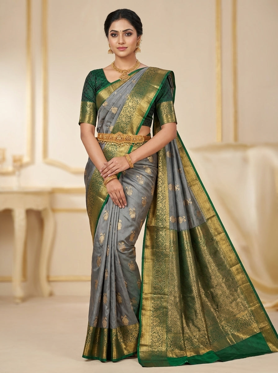 Steel Emerald Pattu Silk Saree