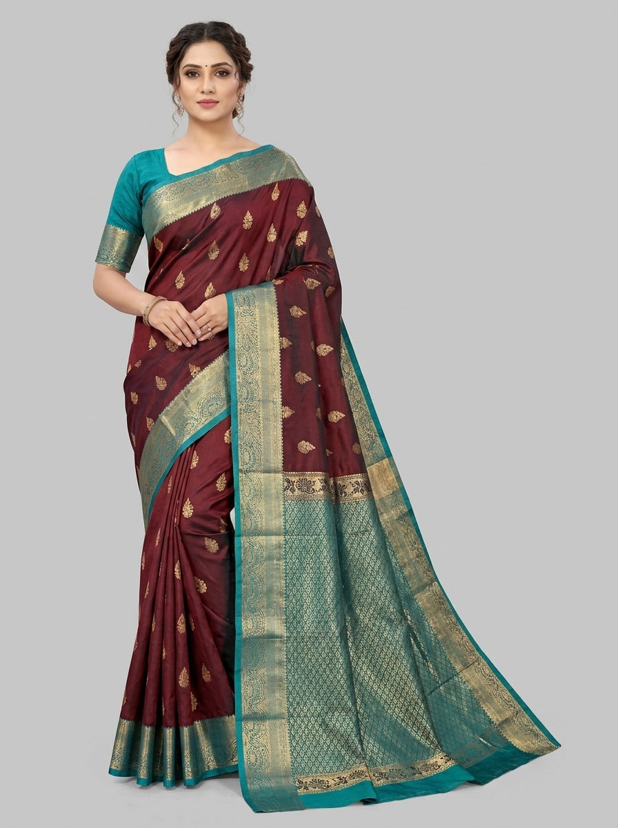 Wine Teal Pattu Silk Saree