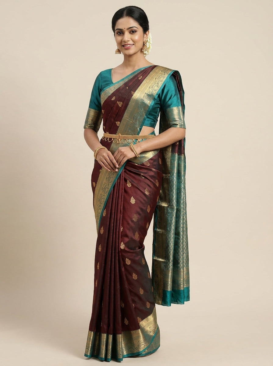 Wine Teal Pattu Silk Saree