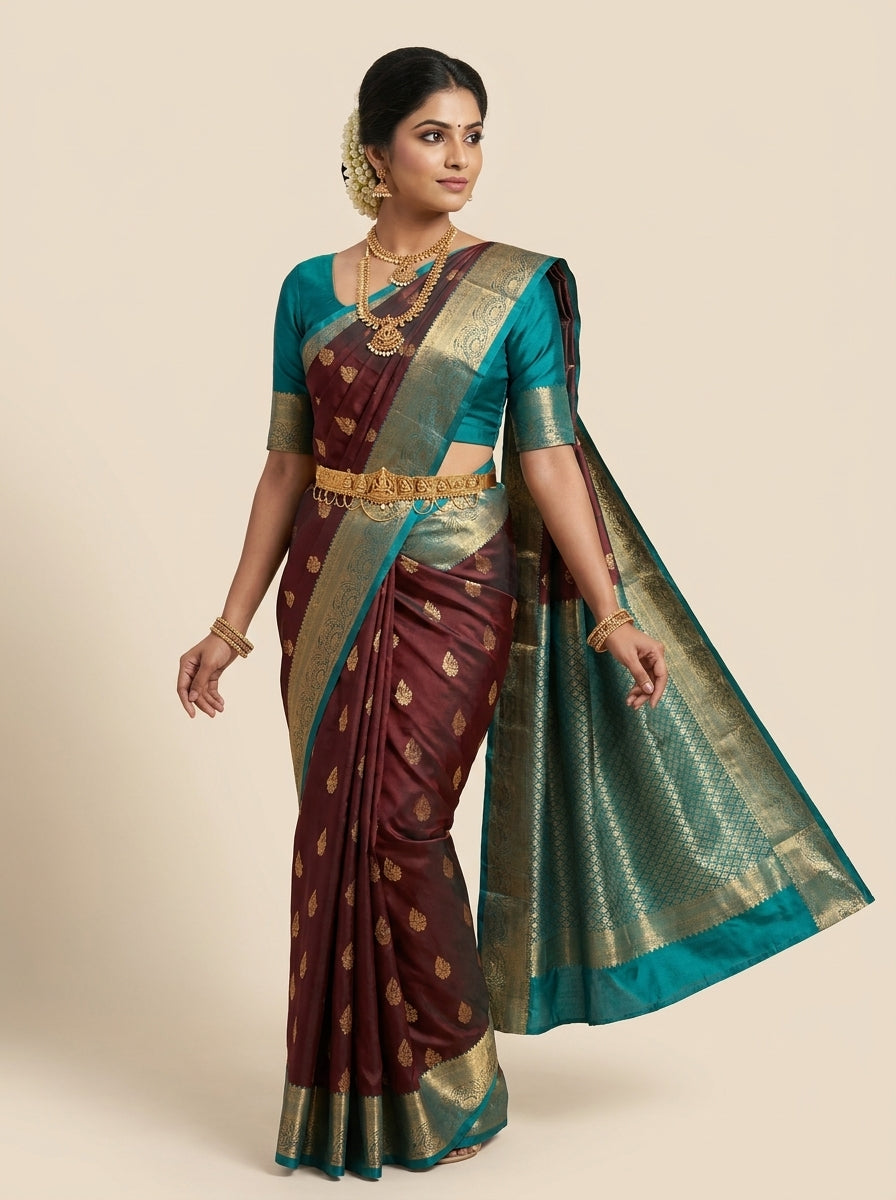 Wine Teal Pattu Silk Saree