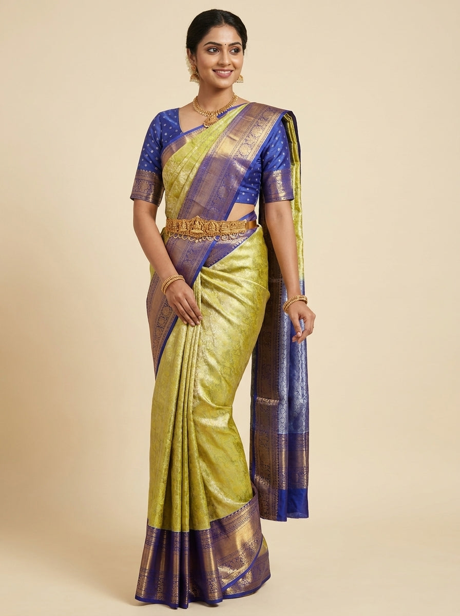 Lime Indigo Pattu Silk Saree