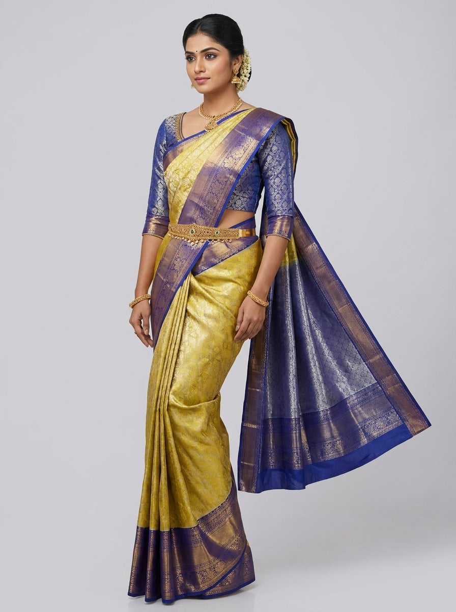 Lime Indigo Pattu Silk Saree