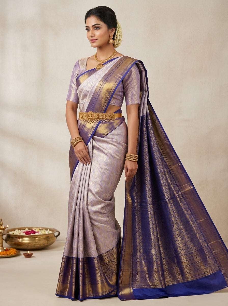 Lilac Indigo Pattu Silk Saree
