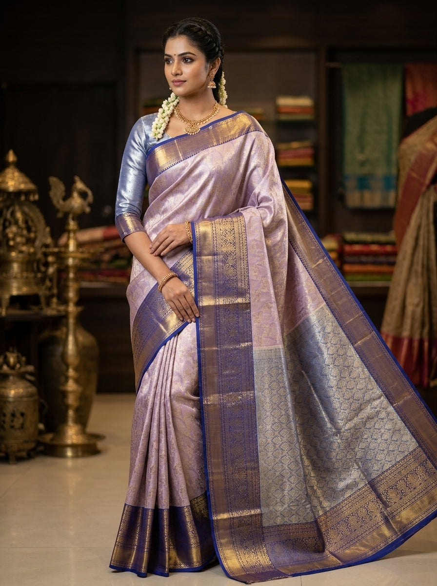 Lilac Indigo Pattu Silk Saree