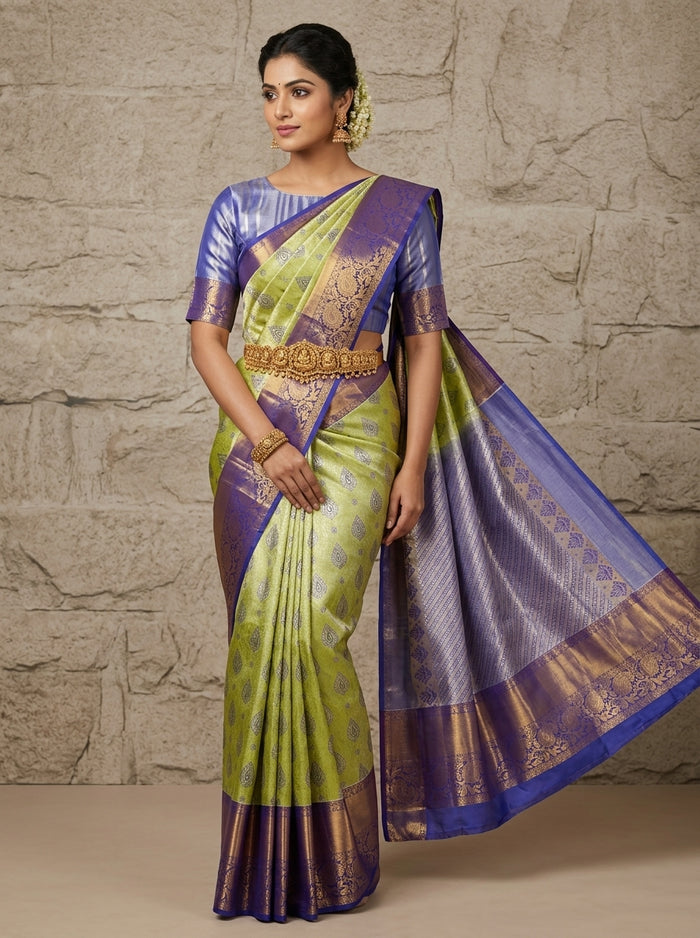Lime Lavender Pattu Silk Saree — full drape front view