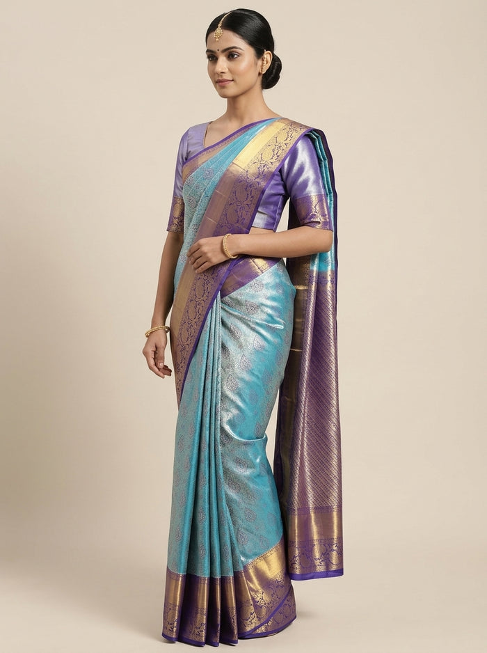 Steel Turquoise Pattu Silk Saree — full drape front view