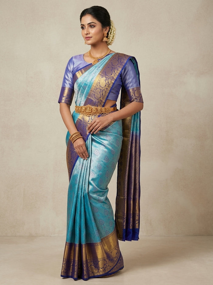 Steel Turquoise Pattu Silk Saree — pallu detail, gold zari border