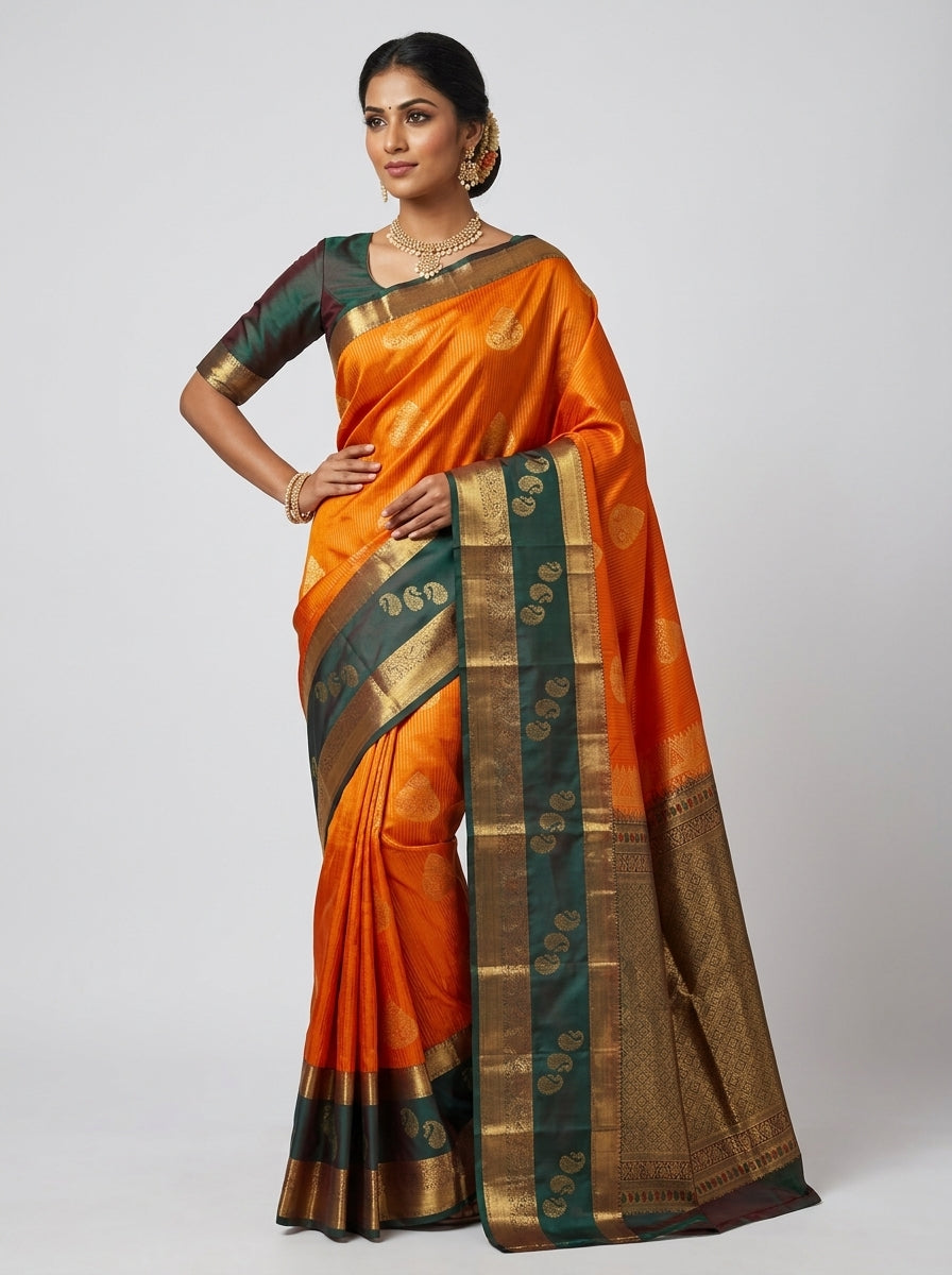 Marigold Teal Pattu Silk Saree