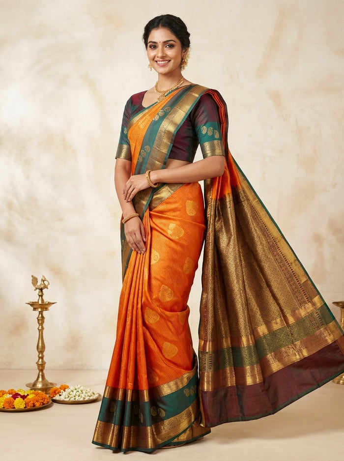 Marigold Teal Pattu Silk Saree