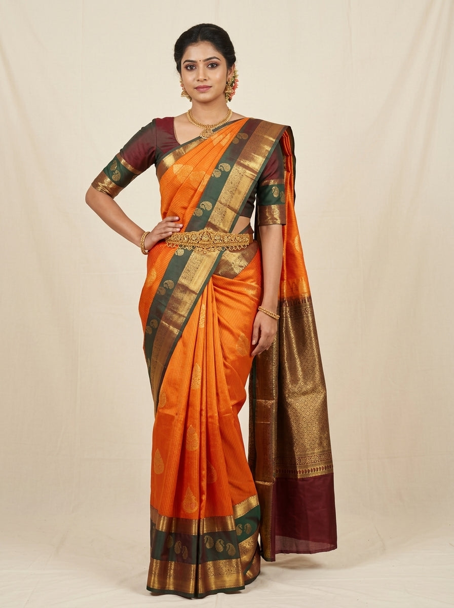 Marigold Teal Pattu Silk Saree