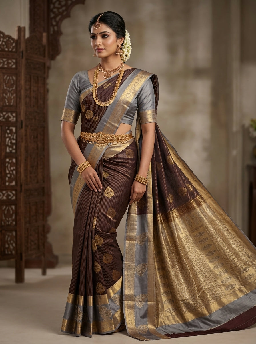 Coffee Silver Pattu Silk Saree