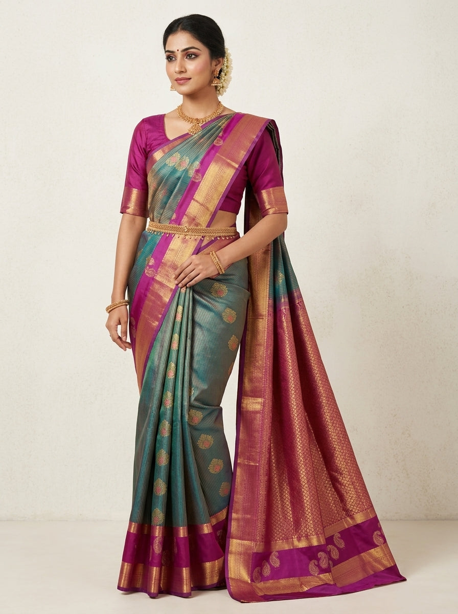 Teal Rose Pattu Silk Saree