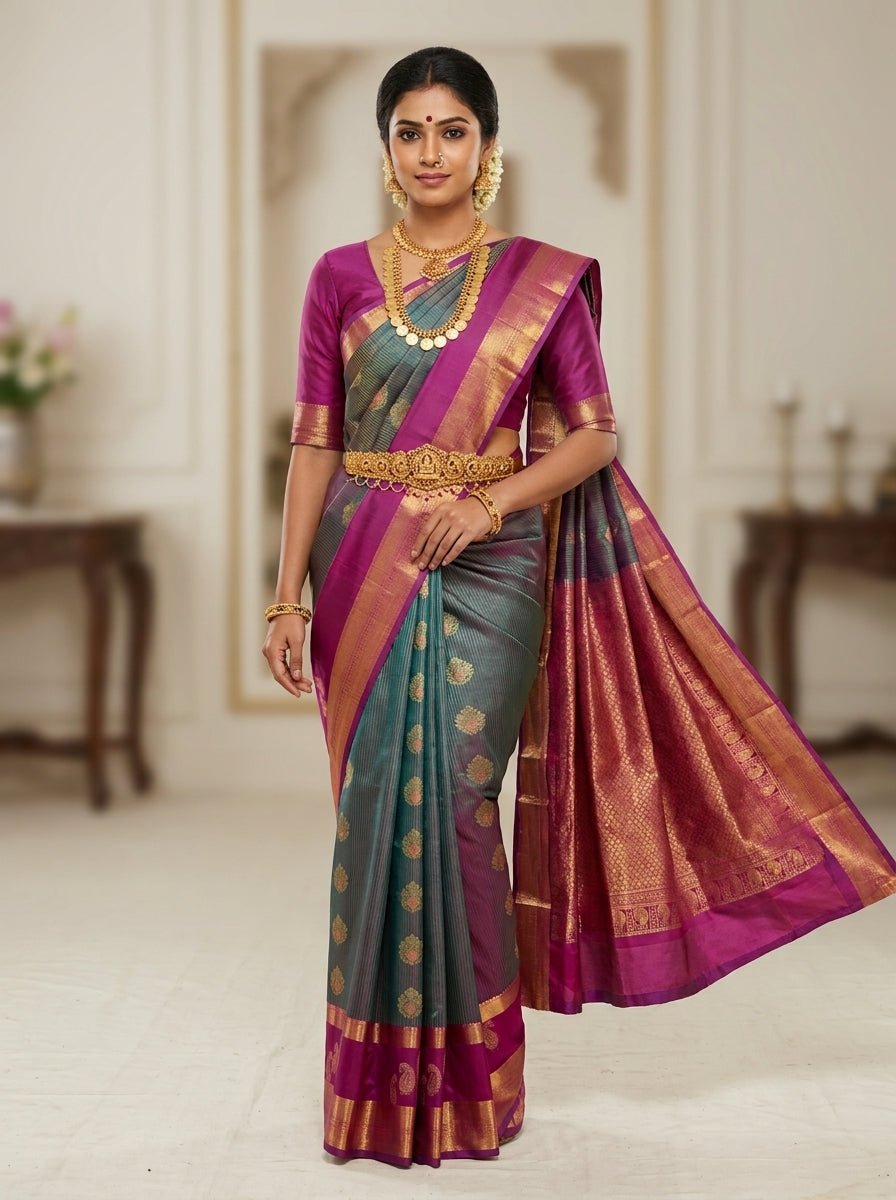 Teal Rose Pattu Silk Saree