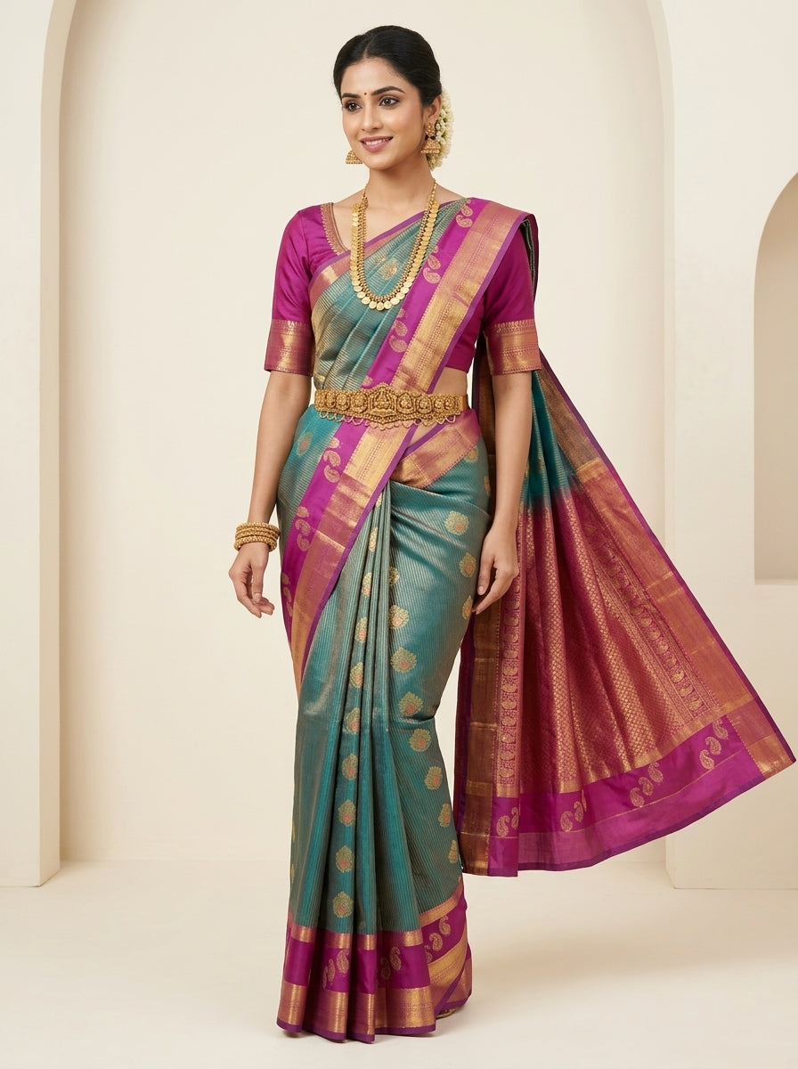 Teal Rose Pattu Silk Saree