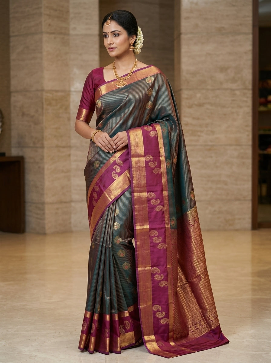 Teal Rose Pattu Silk Saree