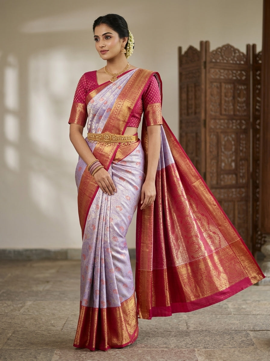 Lilac Crimson Pattu Silk Saree