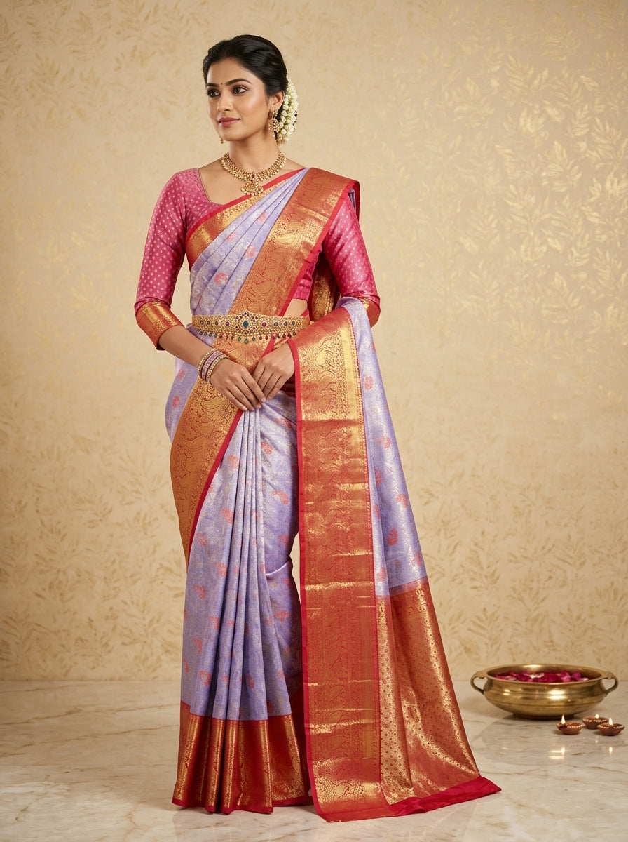 Lilac Crimson Pattu Silk Saree