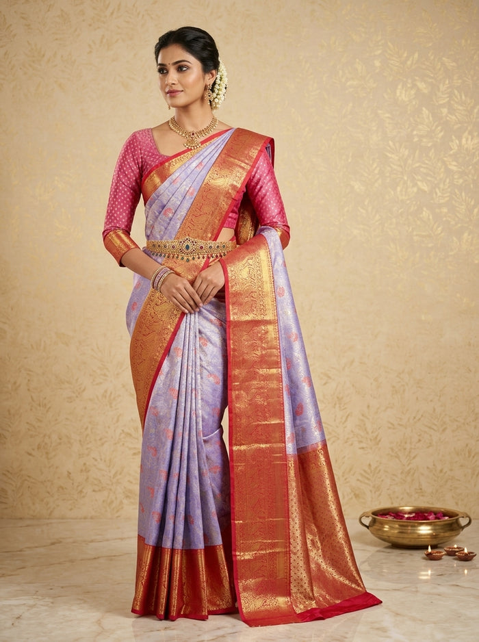 Lilac Crimson Pattu Silk Saree — pallu detail, gold zari border