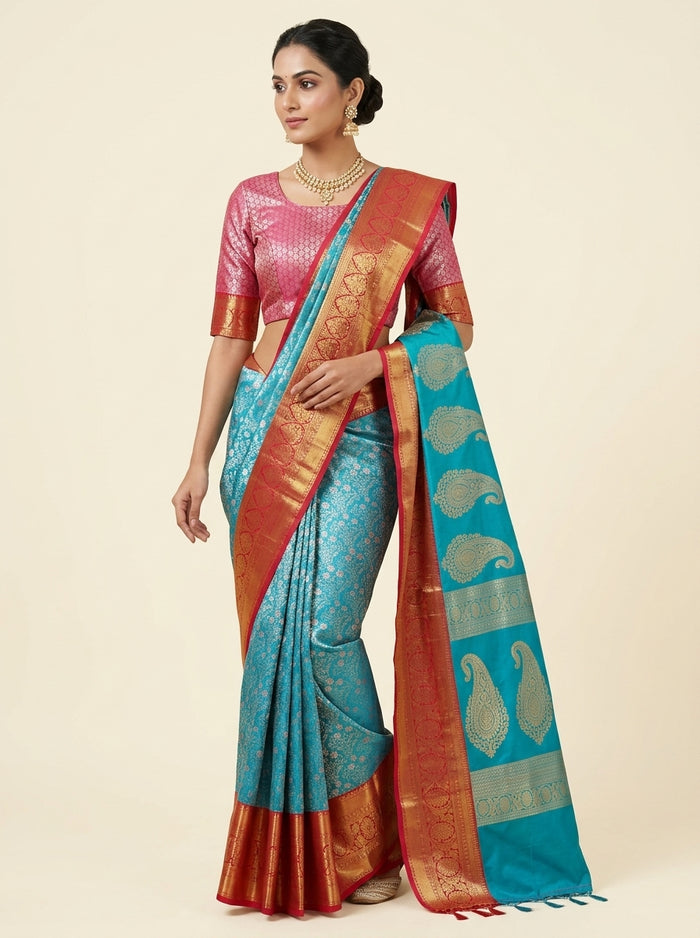 Sky Coral Pattu Silk Saree