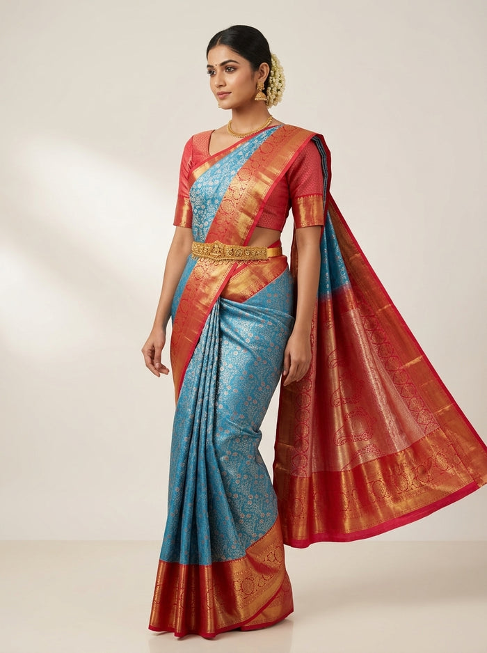 Sky Coral Pattu Silk Saree