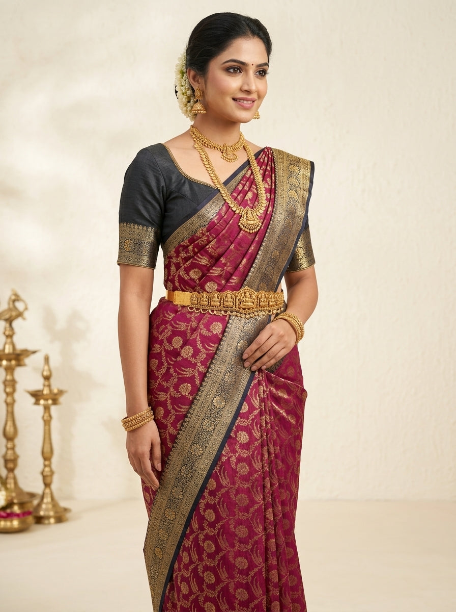 Magenta Navy Pattu Silk Saree