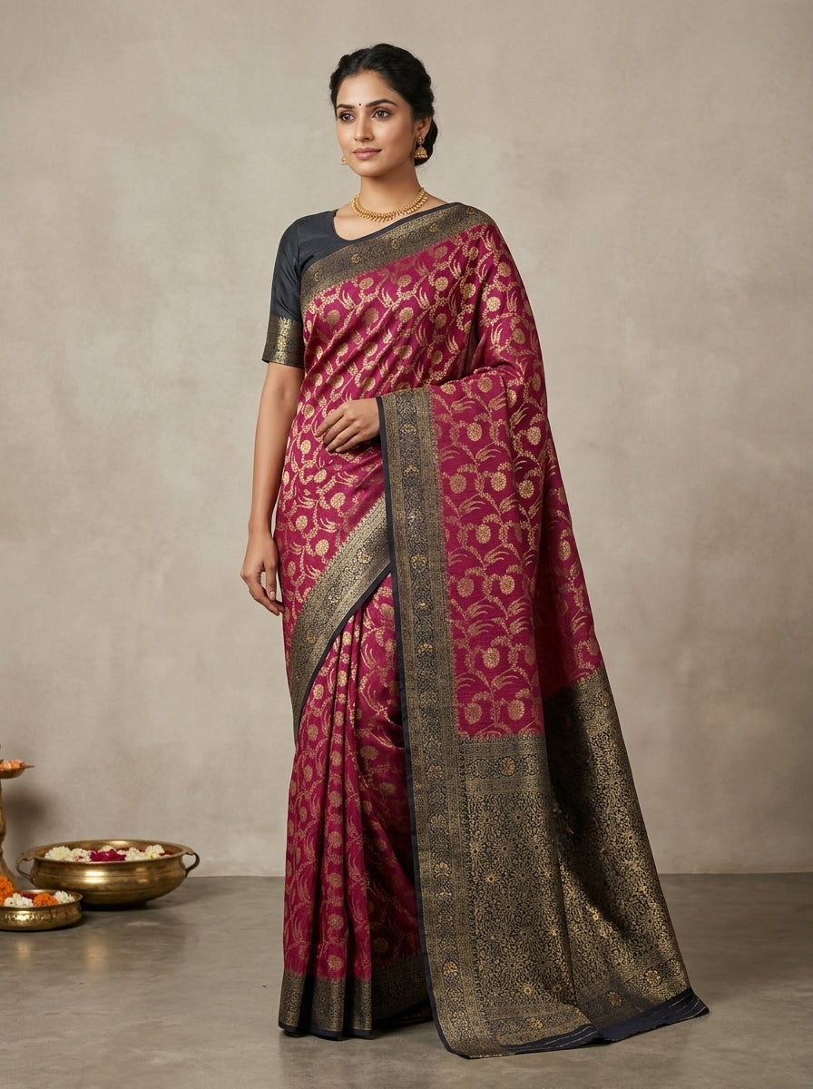 Magenta Navy Pattu Silk Saree