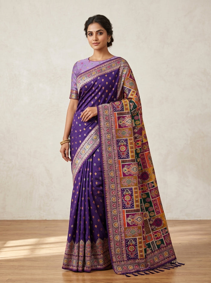 Violet Saffron Pattu Silk Saree