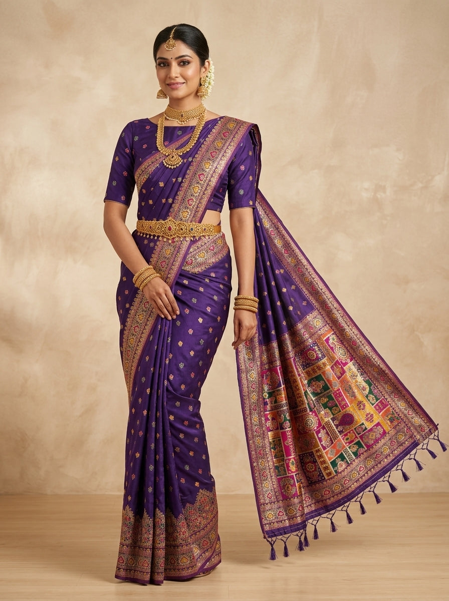 Violet Saffron Pattu Silk Saree