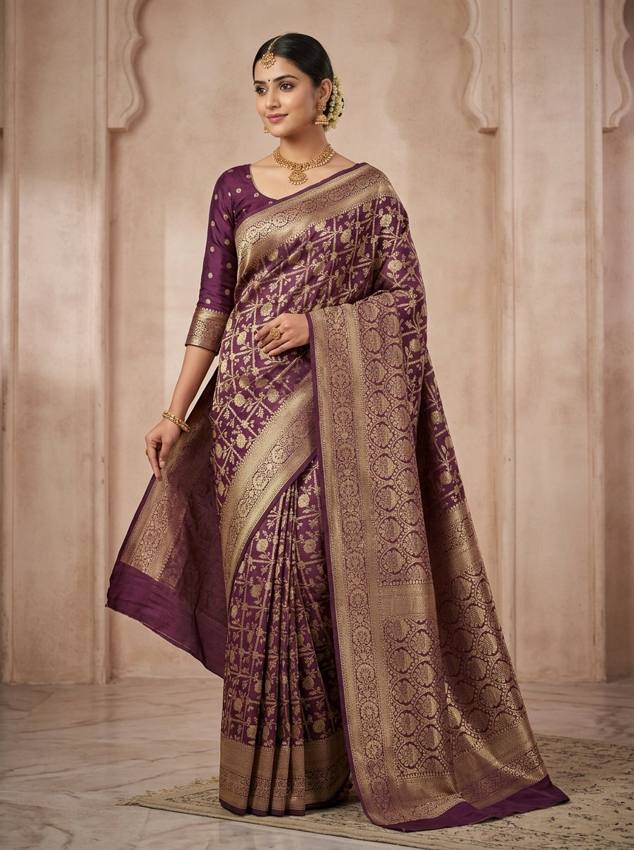Taupe Wine Pattu Silk Saree