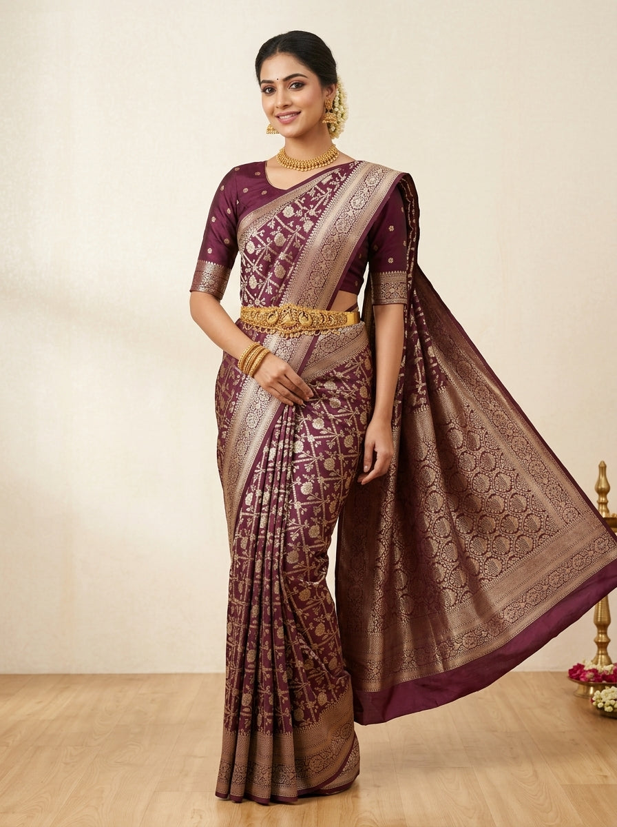 Taupe Wine Pattu Silk Saree
