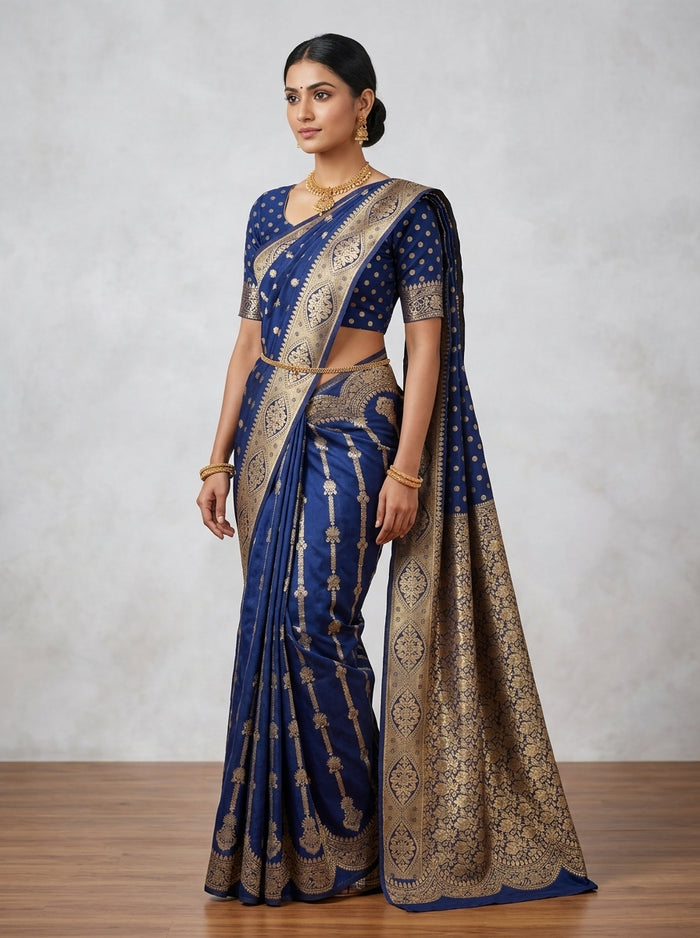Cobalt Gold Pattu Silk Saree
