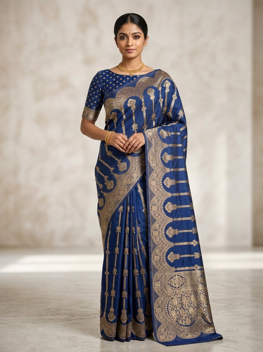 Cobalt Gold Pattu Silk Saree